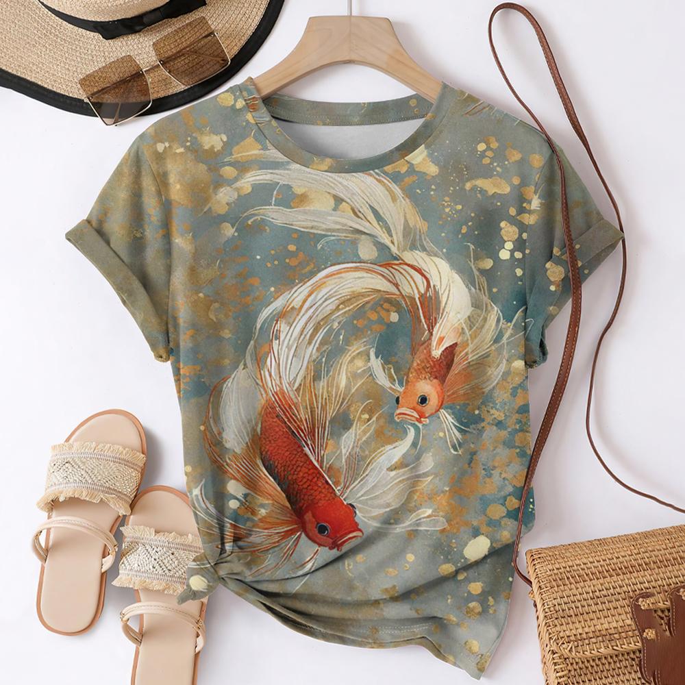 Футболки с 3D-принтом «Рыба кои» для женщин, уличная одежда, повседневная мода, Harajuku Y2k, футболка с коротким рукавом, футболки с круглым вырезом, топы, одежда