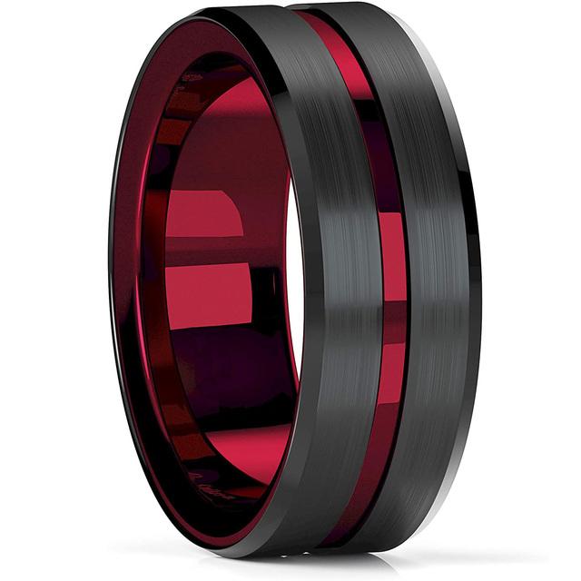 Fashion 8mm Men 'S Gold Color Groove Beveled Edge Stainless Steel Ring Meteorites Inlaid Red Carbon Fibre Ring Men Wedding Band