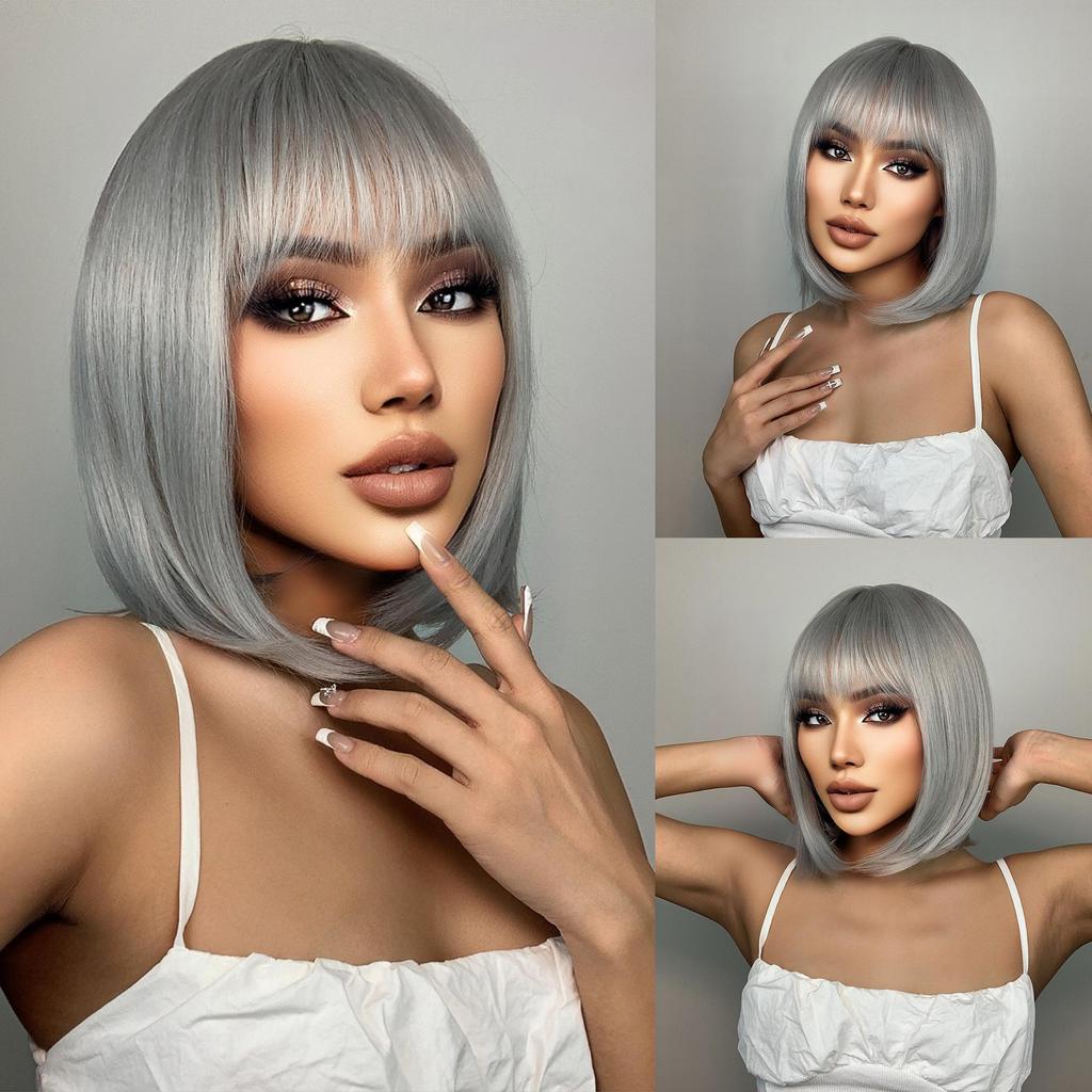 Eaton Medium Straight Women Alan Synthetic Wigs High Temperature Hair With Fringebangs Mix Green Black Bobo Lolita Cosplay Wig