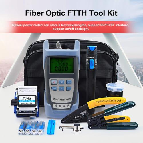 Fiber Optic FTTH Tool Kit with Optical Power Meter, Fiber Cleaver, Wire Stripper, Fiber Optic Cold Splice Tool Set with Storage Bag