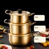 Корейская нержавеющая стальная кастрюля для быстрого приготовления рамена с крышкой, золотая кухонная утварь, двойные ушки, сковороды, походная лапша, кастрюля
