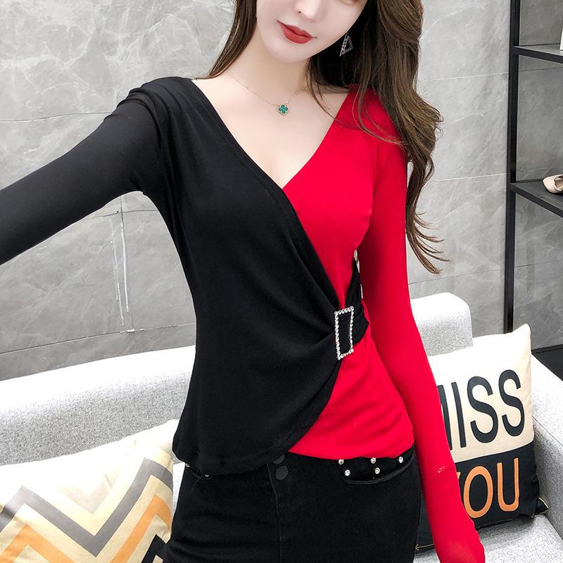 Basic Editions T Shirts Womens Early Fall Fashion Leopard Splicing T-shirt Female Long-sleeved Design Sense Irregular Light Tops Bottoming Shirt