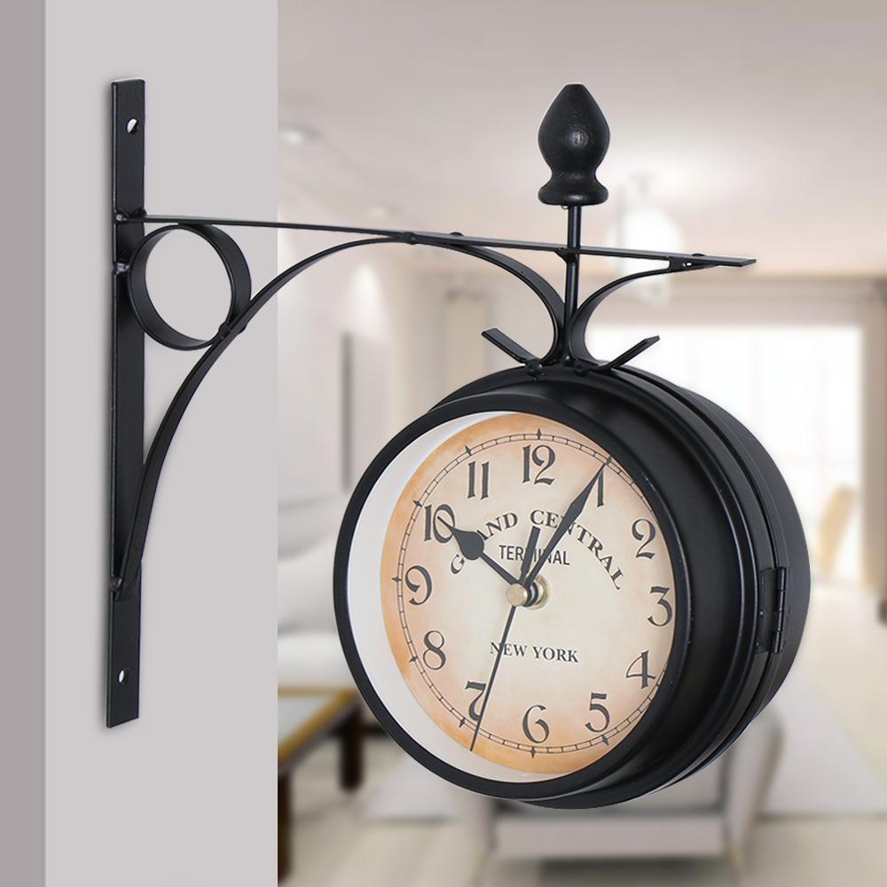 Gentral Station Hot Classic Retro Garden Home Decoration Bracket Metal Clock Double Sided Wall Clock Outside
