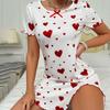 Lady Nightdress Contrast Color Heart Printing Shirring Edge Bow Decor Slit Hem Loose Short Sleeves Bedroom Dress Summer Sleepwear