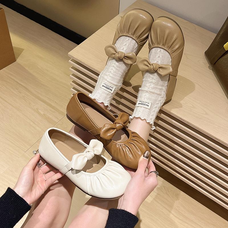 Поздний вечерний ветер плоская подошва одиночные туфли женские новинка 2025 года весна простые туфли Мэри Джейн маленькие кожаные туфли с бантом Doudou доска для обуви