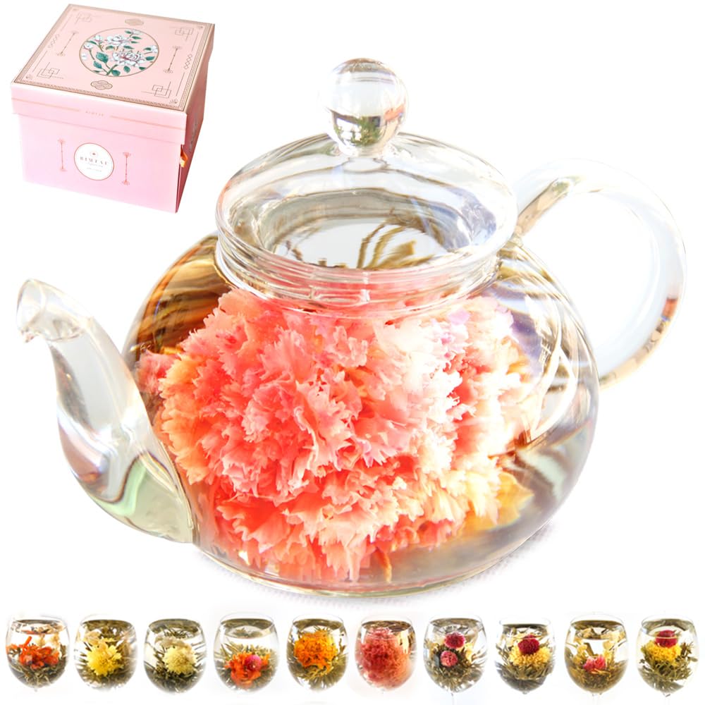 RIMTAE Gift Set Blooming Tea, Carnation Tea, 10 Artisan Teas, Teapot, Elegant Gift Set, Tea & Teaware