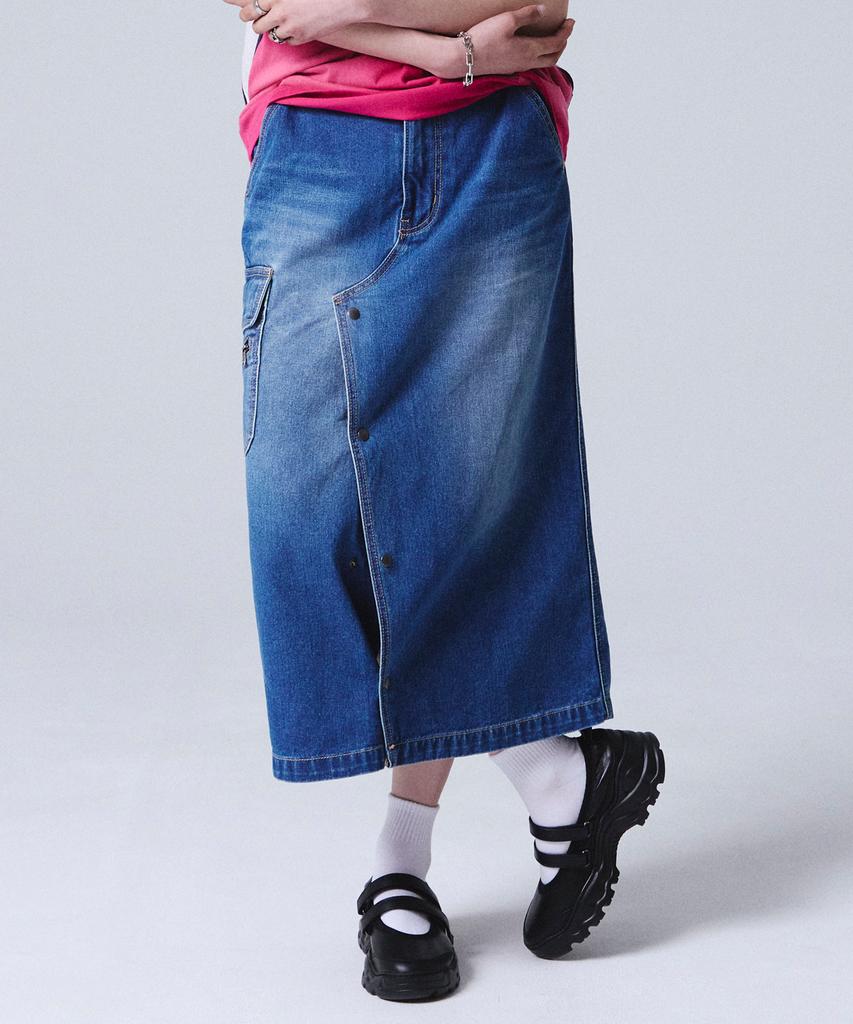 Travel Washed Denim Carpenter Skirt Blue