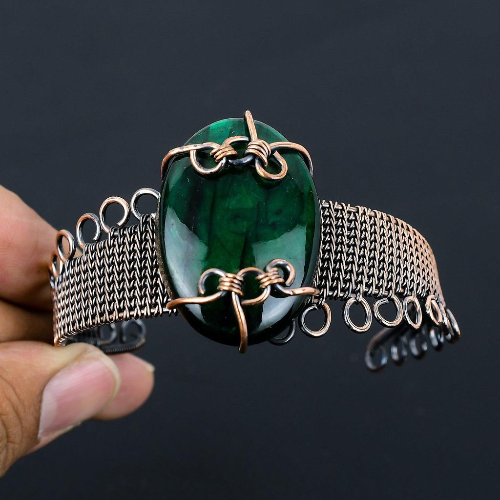Зеленый флэш-лабрадорит, драгоценный камень, чистая медная проволока, завернутая в манжеты/браслет ручной работы, ювелирные изделия для подарка