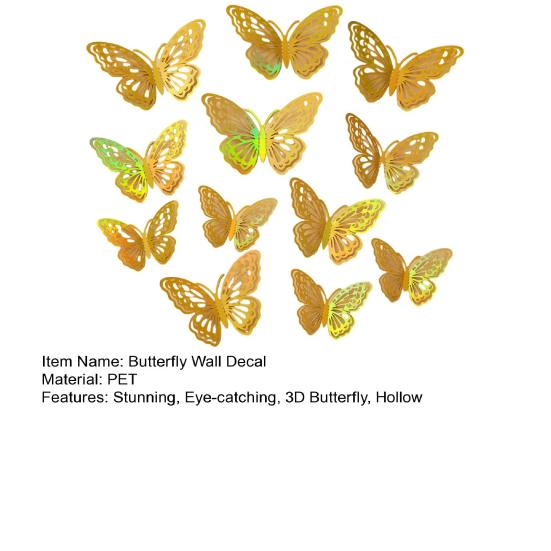 Yousheng 12 Pcs 3D Butterfly Wall Decor 3 Sizes Metallic Hollow Butterfly Decal for Birthday Party Cake Decoration Removable DIY Wall Art Mural for