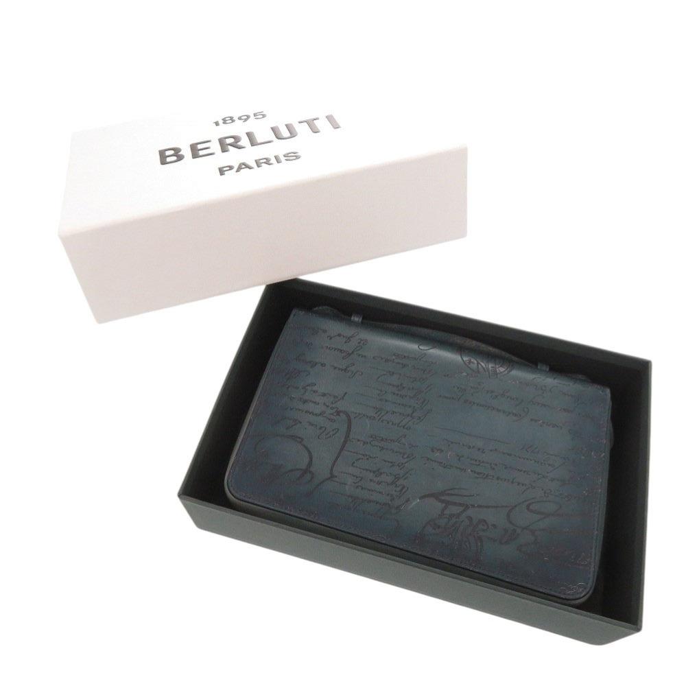 Used AUTHENTIC BERLUTI Itauba Wide Calligraphy Clutch bag blue Leather