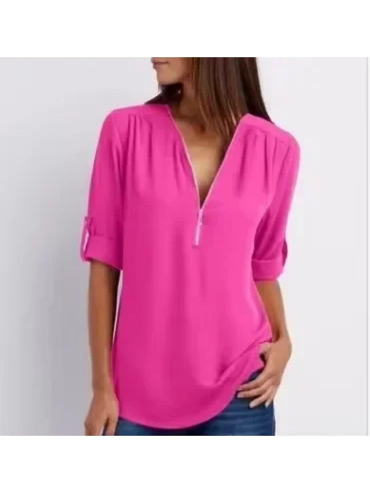 2025 Женская крутая свободная рубашка с глубоким V-образным вырезом, шифоновая модная блузка, повседневные женские топы, сексуальный пуловер на молнии, большие размеры