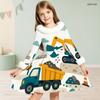 Little Girls White High Neck Fuzzy Trim Long Sleeve Tie Waist Motorcycle Printed A Line Flared Dress