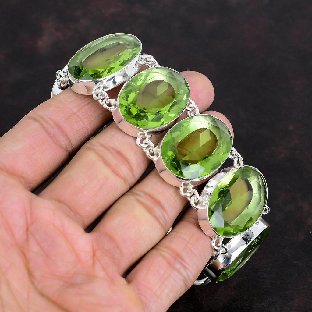 Браслет из граненого зеленого аметиста, браслет из стерлингового серебра 925 пробы, регулируемый браслет-цепочка, браслет из настоящего драгоценного камня, ювелирные изделия ручной работы, подарки для него