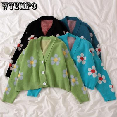 Женский короткий свитер Осень и Зима Новый товар Приталенный и стройнящий Цветочный жаккардовый вязаный кардиган