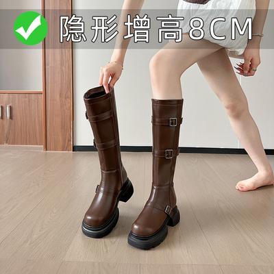 Ботинки-рыцари на толстой подошве с кожаной пряжкой и скрытой платформой, женские высокие ботинки Мартина, новые маленькие длинные ботинки для женщин на осень и зиму