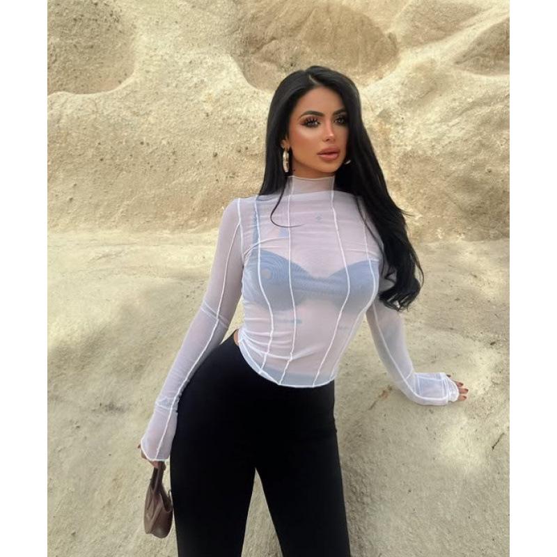 European Style Women's Sexy Round Neck Long Sleeve Mesh See-Through Cropped Top, 2026 Collection.