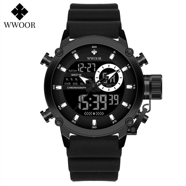 WWOOR Luxury Brand Men's Sport Watches Black Quartz Led Clock Men Waterproof Wristwatch Male Military Watch Relogio Masculino