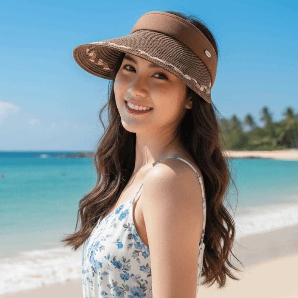 Portable Straw Visor Cap Breathable Sunscreen Empty Top Hat Sport Wide Brim Woven Cap Seaside