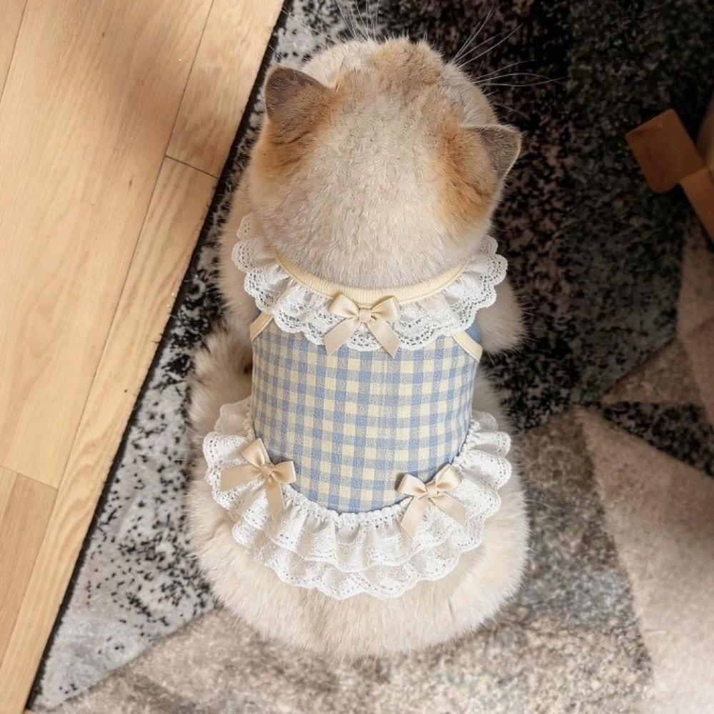 Breathable Pet Dog Vest Bow Lace Design Cat Princess Dress Cat Checkered Clothes  Photo Shoot