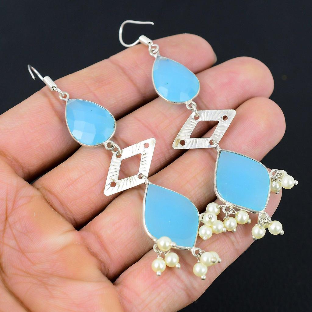 Sterling Silver Aqua Chalcedony Stone Dangle Drop Engagement Art Deco Earrings