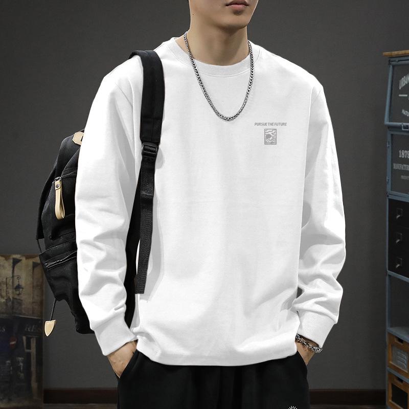 Оформление: Мужская осенняя базовая футболка с длинным рукавом из плотного хлопка 2025, толстовка свободного кроя с круглым вырезом