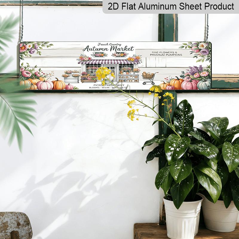 2D Flat, Vintage French Country Autumn Market Metal Sign - Rustic Cottage Wall Decor Featuring Floral and Pumpkin Designs, Measuring 4X16 Inches