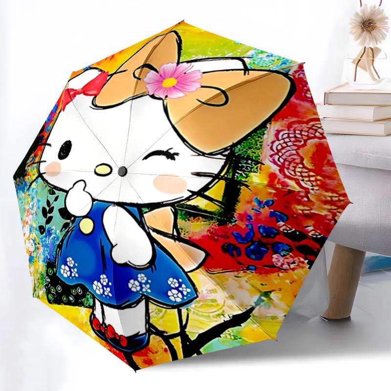 1pc Hello Kitty Automatic Opening/Closing Umbrella with Floral Print - Portable Three-Fold Design, 8-Bone Iron Frame Outdoor Umbrella for Festivals, T