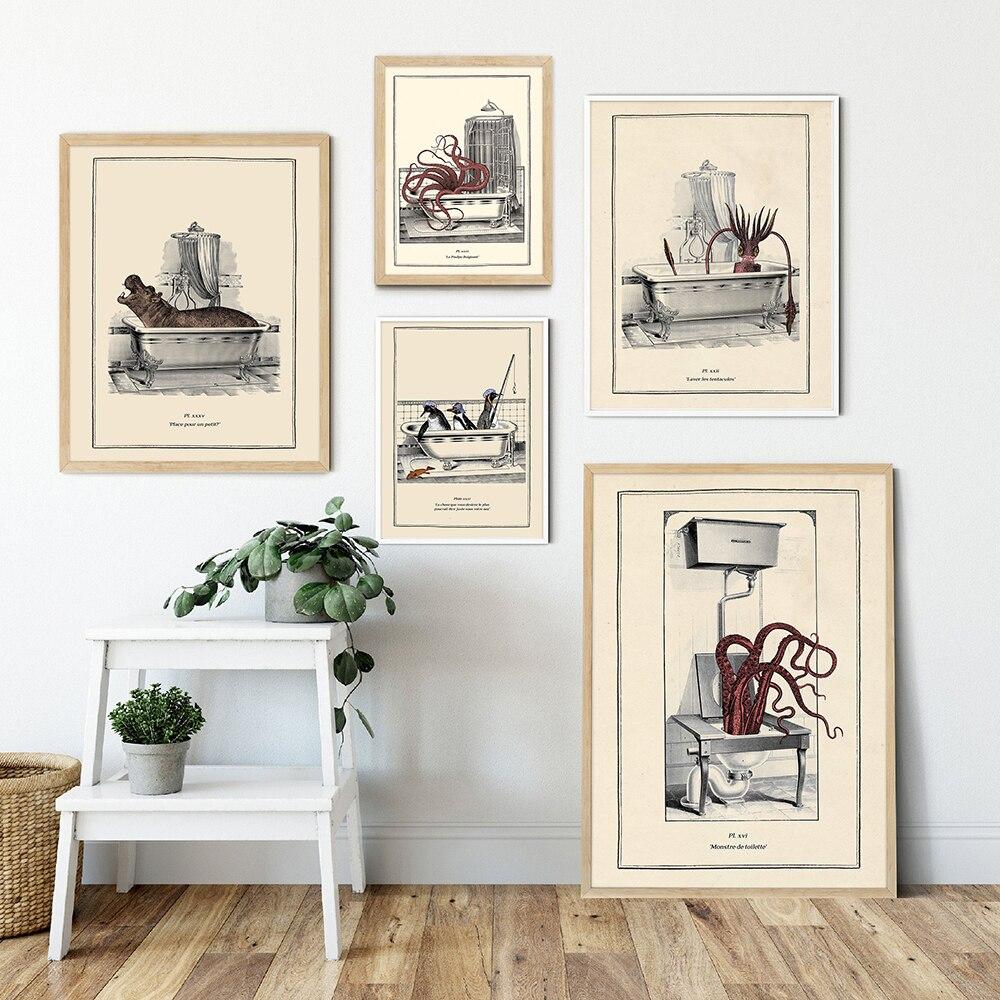 Vintage Octopus Penguin Orangutan Printing Funny Toilet Wall Art Canvas Painting Poster Gothic Steampunk Home DecorationPictures