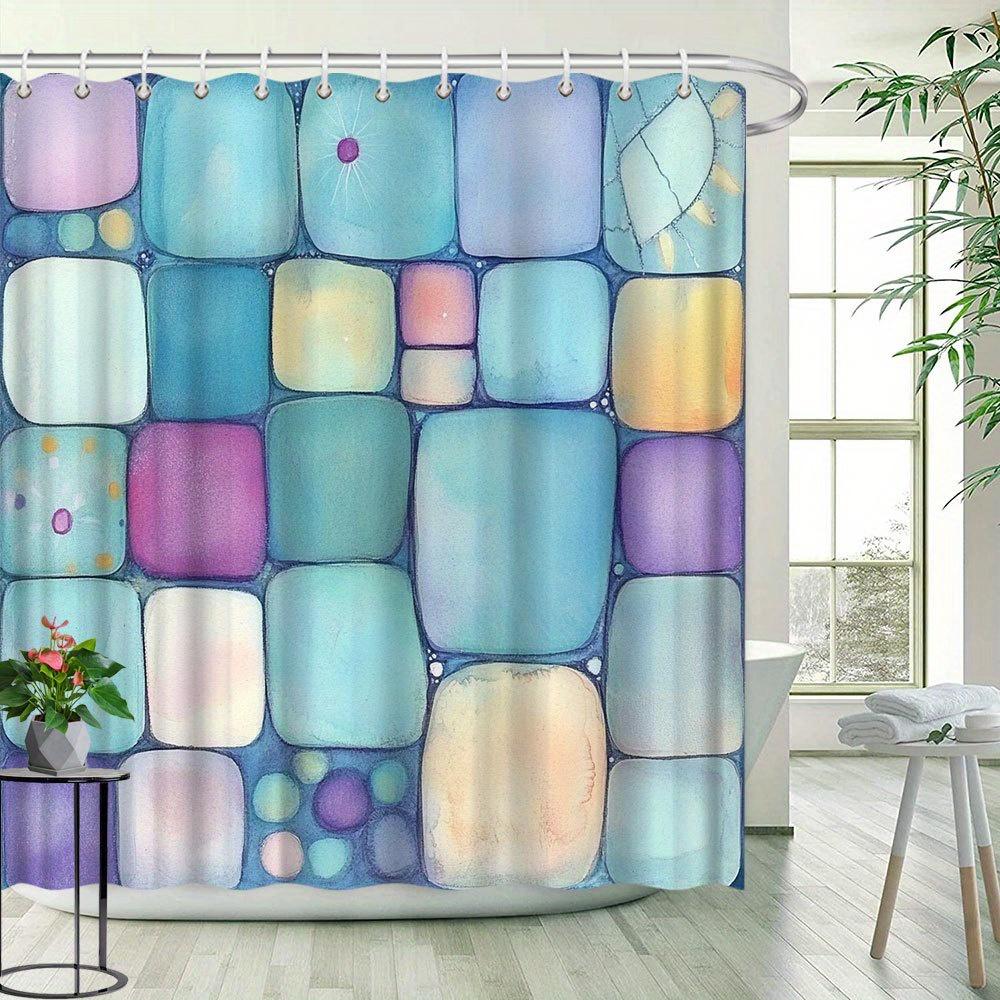 Geometric Art Shower Curtain - Blue Gradient Block Design, Modern Minimalist Bathroom Decor, Polyester Fabric,12 Hooks