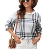 Women Long Sleeve Sweater Plaid Crew Neck Loose Fit Casual Comfy Pullover Knitted Top White M