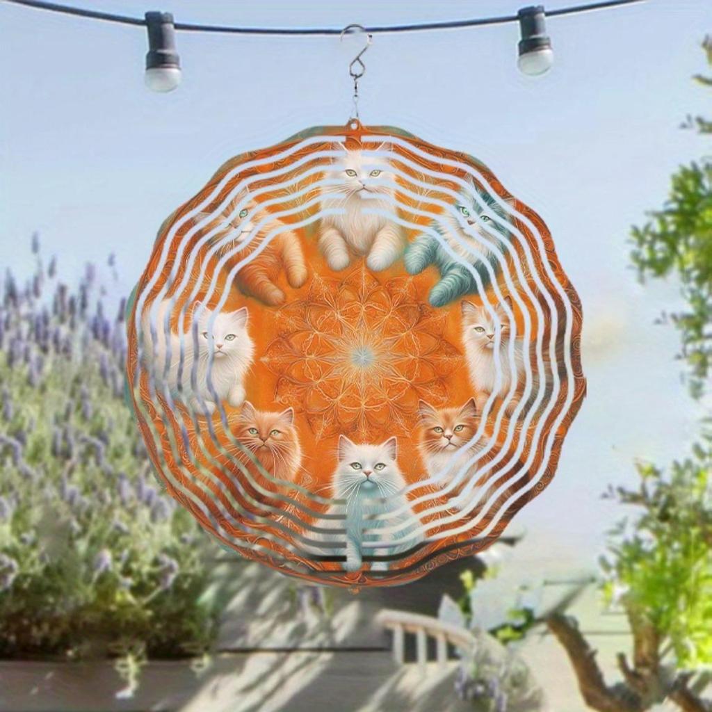 25.4cm Rotating Cat Wind Chime Artistic Metal Garden Decor with Orange and White Cats Perfect Gift for Cat Lovers Year Round Outdoor Hanging Ornament