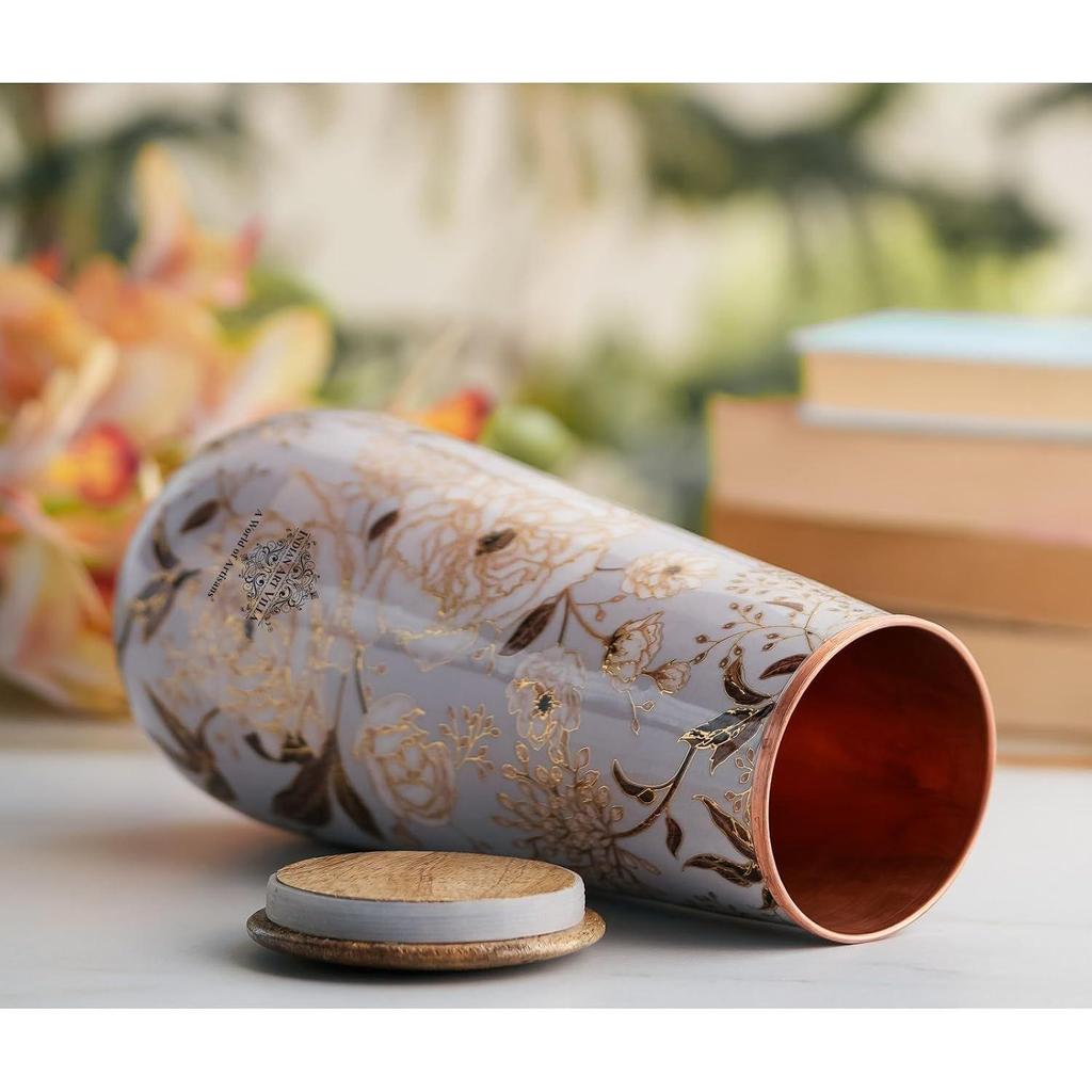 Copper Gold Printed Bottle with Wooden Lid – 1300 ML, Elegant Floral Design Copper Water Bottle for Daily Use, Home Décor, and Gifting