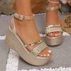 Fashion Pu Leather Weave Wedge Sandals for Women Fashion Gold Chunky Platform Sandals with Ankle Strap Summer Thick Bottom Beach Shoes