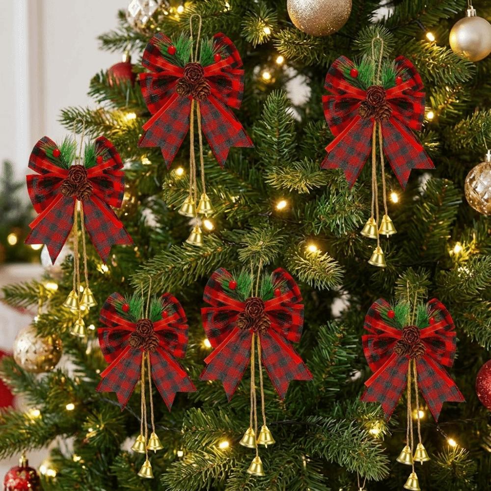 6Pcs/Set Creative Christmas Bows Hanging Ornament with Bell Bowknot Hanging Pendant Wreath