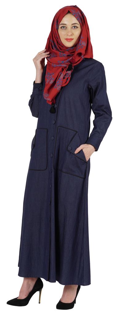 Bimba Solid Long Dress W  Printed Hijab Scarf Chambray Maxi Front Button Muslim Dress  Islamic Clothes For