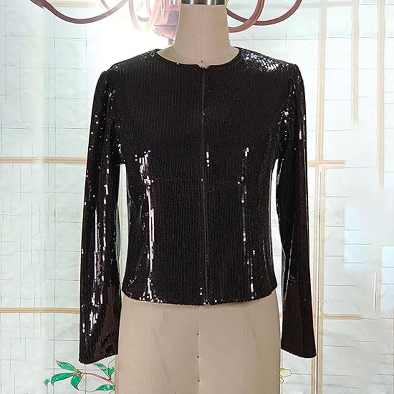 Шикарная блестящая повседневная куртка с пайетками, женская мода, блестящие короткие пальто, приталенный крой, длинные рукава, открытый спереди, кардиган, верхняя одежда