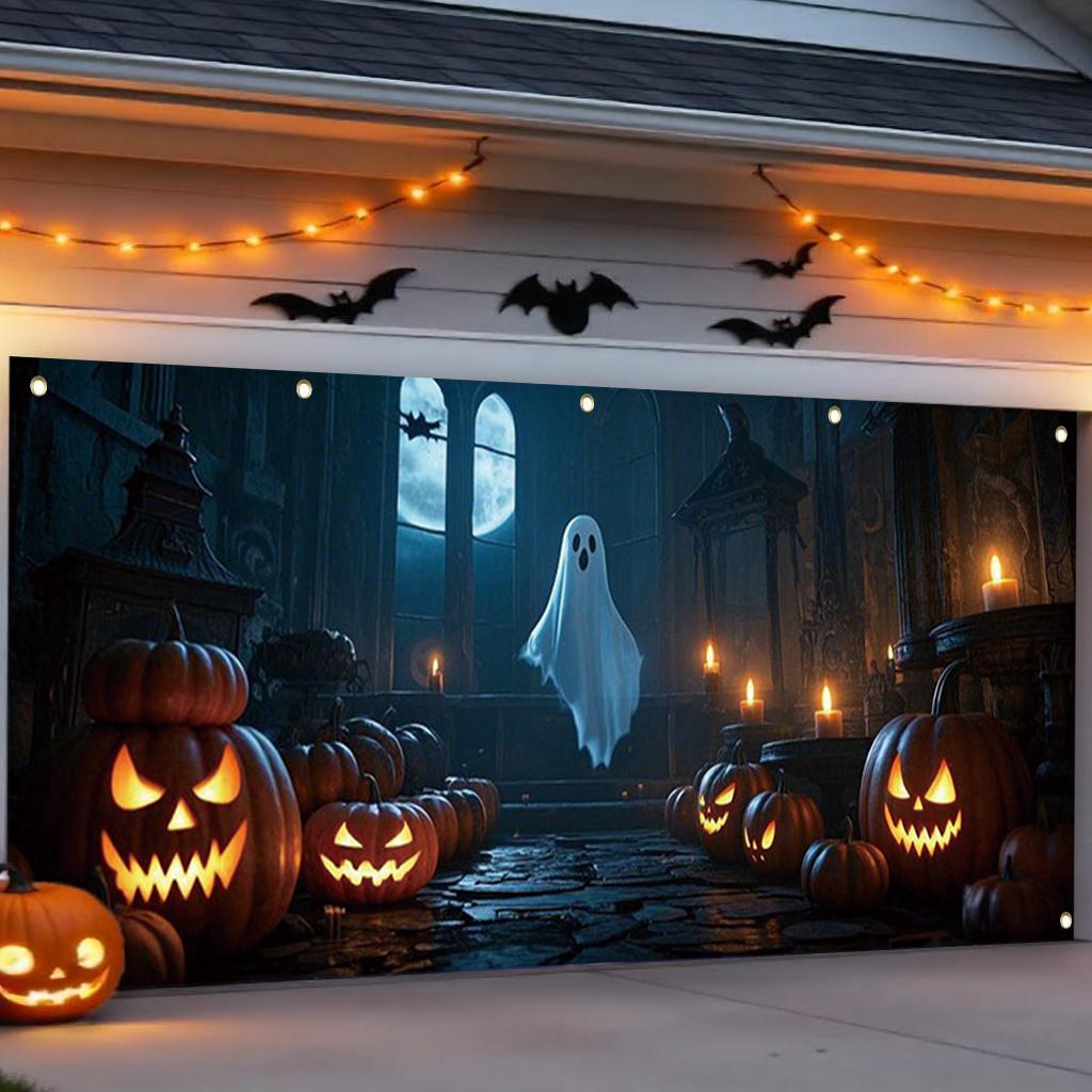 A Halloween garage door with a polyester background featuring ghost and pumpkin lantern designs perfect for Halloween