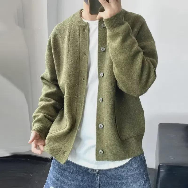 Men's Japanese Wool Cardigan – Spring/Autumn Hong Kong Style, Round Neck, Loose Fit, Thick Knit Sweater Coat.