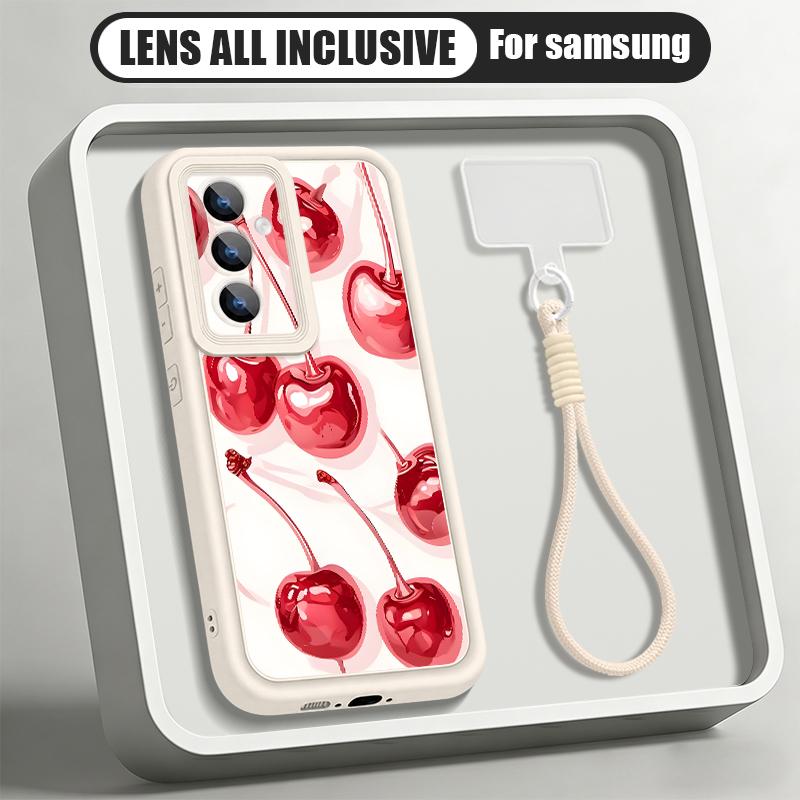 Чехол-шнурок с принтом "Вишни в горошек" для Samsung A57 A37 A27 A17 S26 Ultra S25 S24 S23 S22 S21 FE A54 A55 A16 A26 A36 A56 5G Ударопрочный бампер