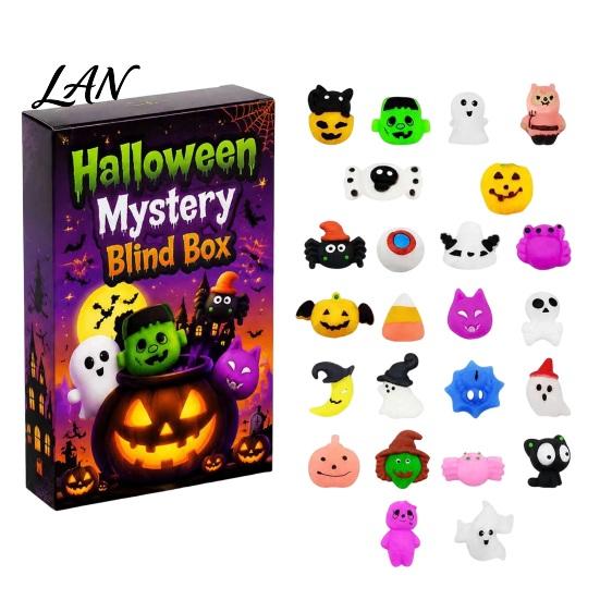 Soft Rubber Stress Relief Toy Halloween Squeeze Advent Calendar, 24 Day Ghost Pumpkin Fidget Party Favors Toys Set, Collectible Figures Gift