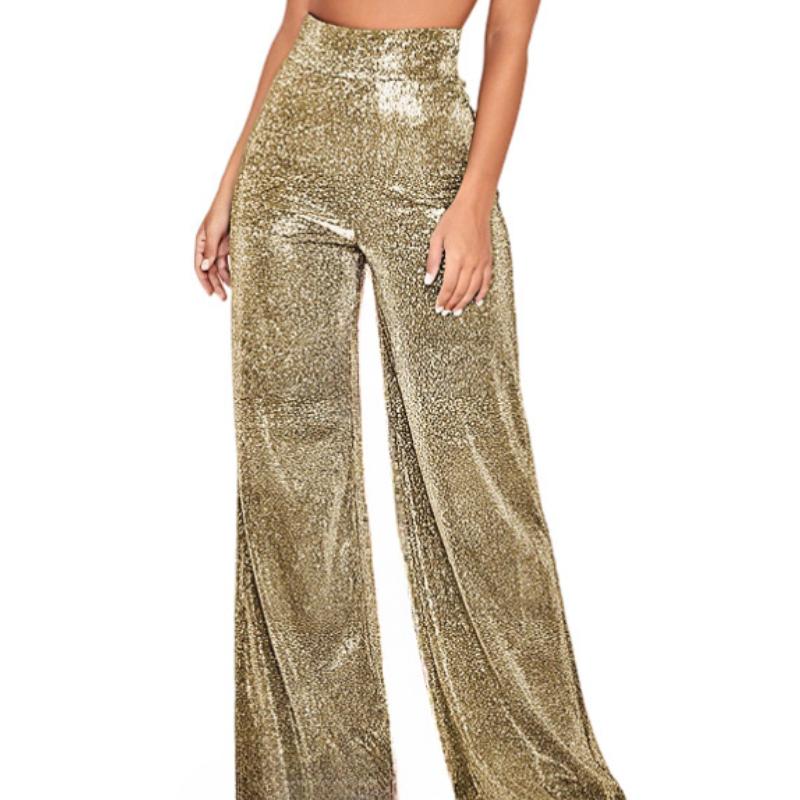 GMXIA Женские серебристые фольгированные широкие брюки с высокой талией, плотные брюки, женские повседневные брюки