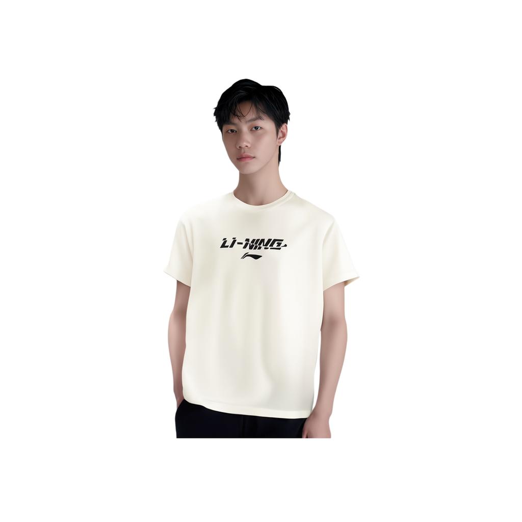Li-Ning Креативная футболка с принтом, быстросохнущая, прохладная, с круглым вырезом, повседневная, с коротким рукавом, унисекс, топы, цвет молочный ATSV605-2