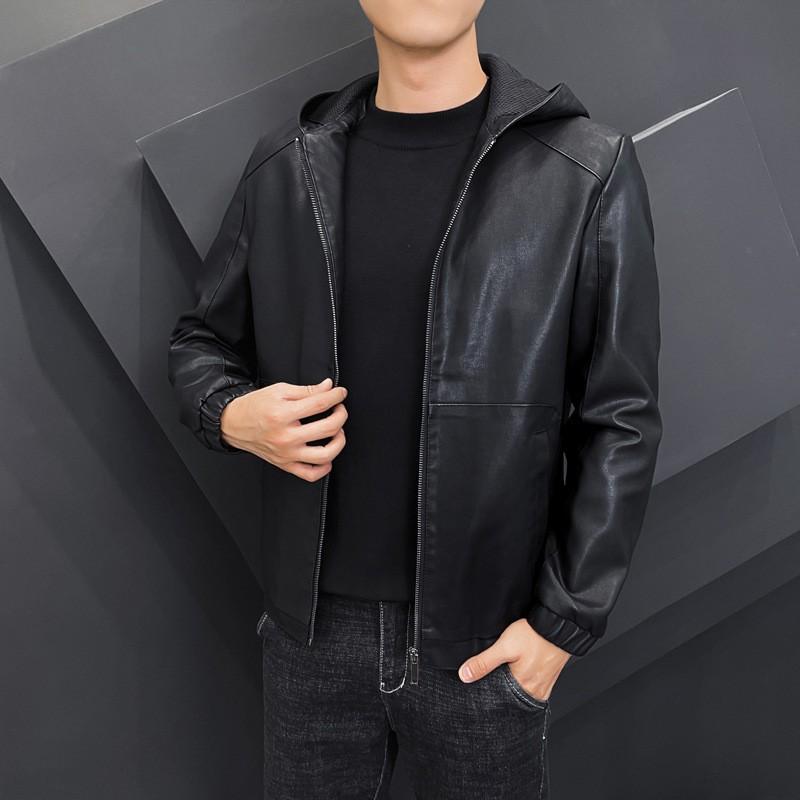 Plus Size Mens Fleece Lined PU Leather Jacket Hooded Biker Coat Fall Winter