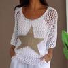 Yousheng Women Crochet Fishnet Top Hollow Out Star Print Sweater Round Neck Long Sleeve Pullover Cover Up Beachwear
