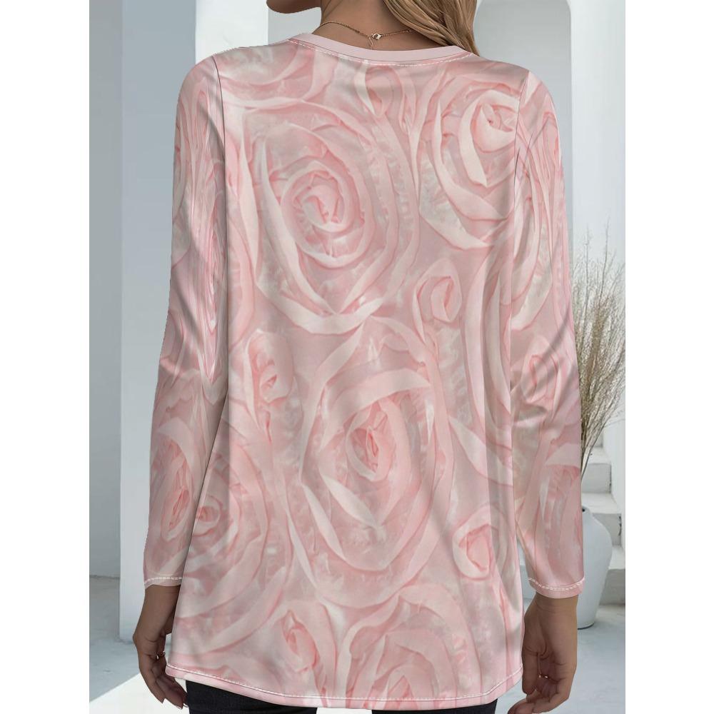 Women's Plus Size Pocket Design Pink Rose Print Loose Long Sleeve T-Shirt