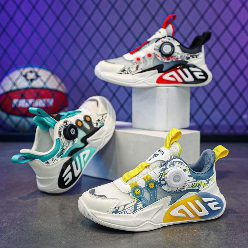 New double mesh ice silk breathable classmate fashion sports shoes medium and older children's casual rotating button cushioning basketball shoes