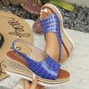 Модные сандалии на танкетке в клетку для женщин Лето 2025 Сандалии с открытым носком на массивной платформе Женские на толстой подошве с ремешком на пряжке Римские сандалии
