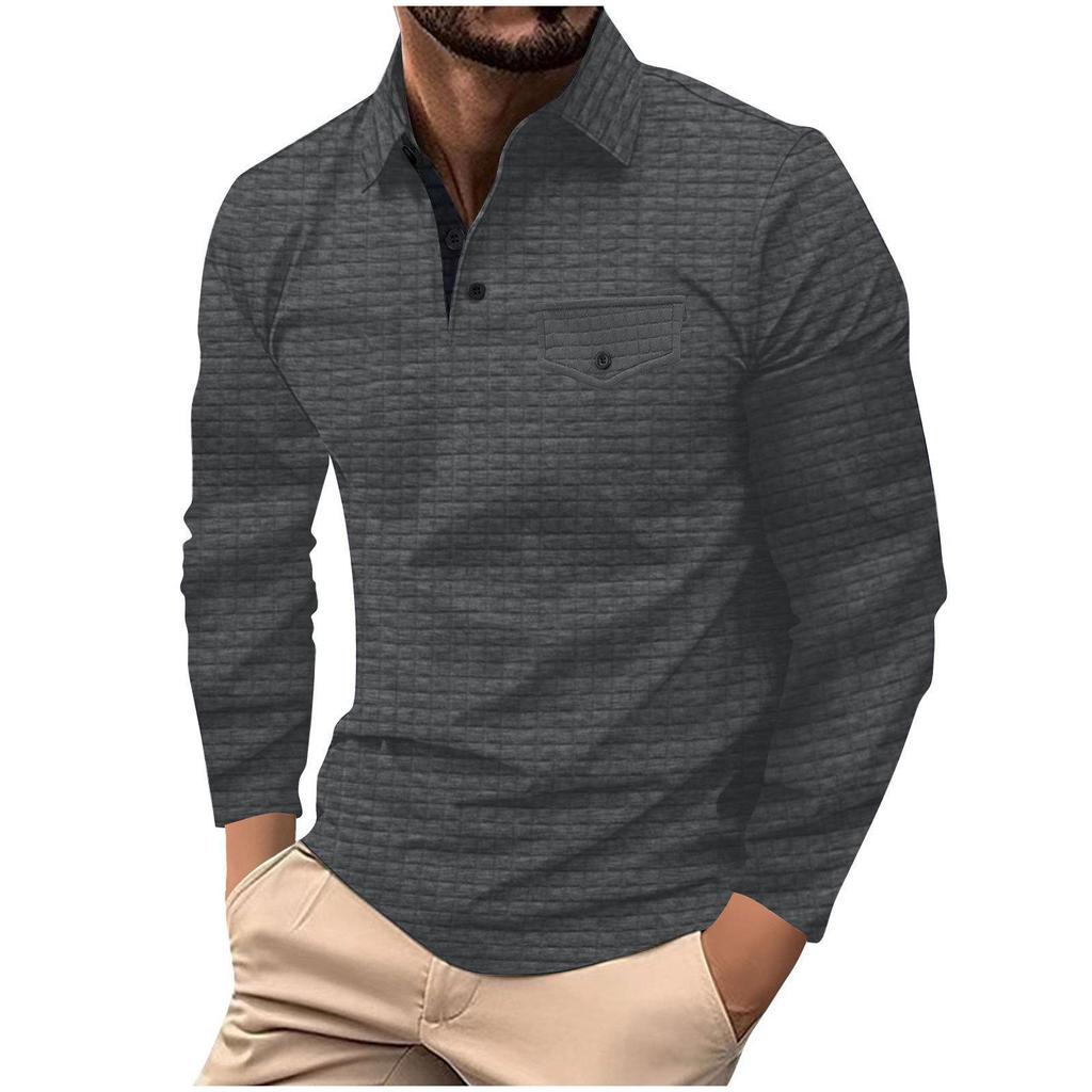 Men's Long-Sleeve Plaid Polo Shirt with Button Pocket