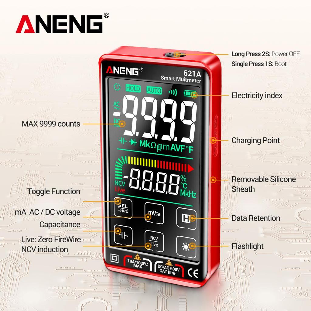 Aneng 621A умный цифровой мультиметр мультиметр с сенсорным экраном тестер транзисторов 9999 отсчетов True RMS автоматический диапазон постоянного/переменного тока 10 А метр