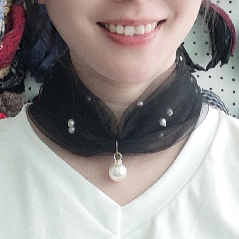 Женский шифоновый воротник с тонким воротником на шею, сетчатый шарф с искусственным жемчугом, маленький шелковый шарф с защитой от УФ-лучей